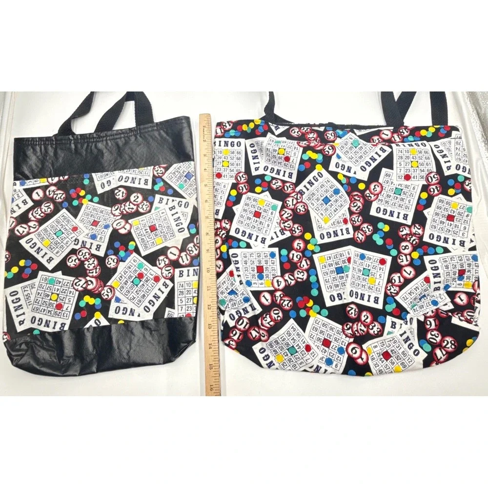 Bingo Card Print Tote Bag Set of 2 Black Novelty Gaming Shoulder Bags Retro